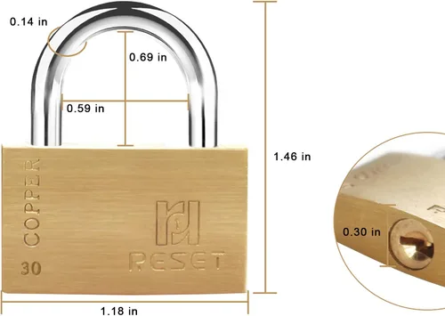Miniatura 2 de RESET -290 Candado de latón de 1.18 pulgadas (1.181 in) con llave, candado pequeño con llave con grillete de acero inoxidable, 3 llaves, cerradura
