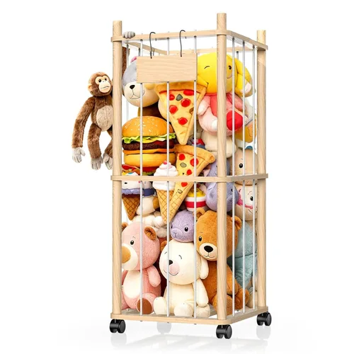 Miniatura 10 de Organizador de almacenamiento de animales de peluche, soporte de zoológico de juguetes de madera con ruedas, torre de almacenamiento de gran