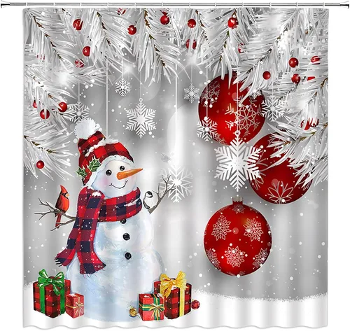 Miniatura 4 de GCTNBJL Cortina de ducha de muñeco de nieve de Navidad, muñeco de nieve azul, bola de Navidad, pino, copo de nieve, pájaro, vacaciones de invierno