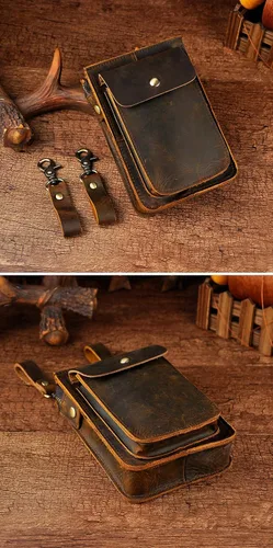 Miniatura 4 de Le'aokuu Riñonera de cuero genuino para hombre, 021 A1 Marrón Oscuro