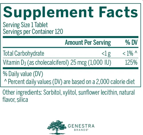Miniatura 2 de Genestra Brands D3 1000 masticable Suplemento de vitamina D 120 tabletas masticables Sabor natural a grosella negra