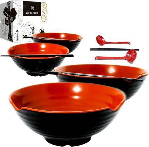 Juego de 4 cuencos de ramen XL. 12 piezas Pho Bowls. Sopa japonesa asiática. Utensilio: cucharas y palillos. Melamina, grande 52 oz. Fideos, arroz,