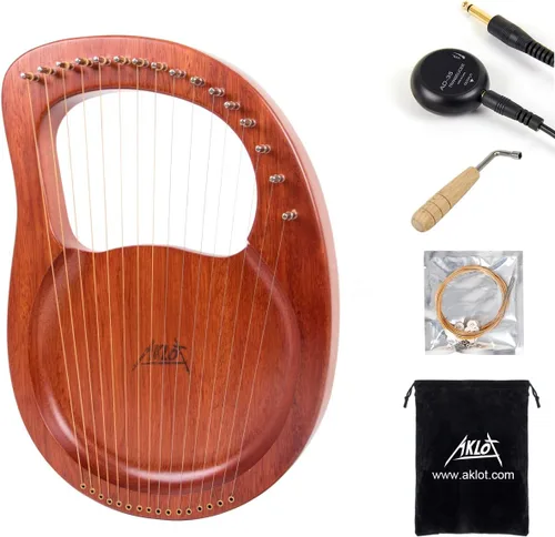 Arpa de lira, AKLOT Arpa de lira de caoba con 16 cuerdas de metal, llave de afinación, juego de cuerdas de repuesto, púa, bolsa negra para