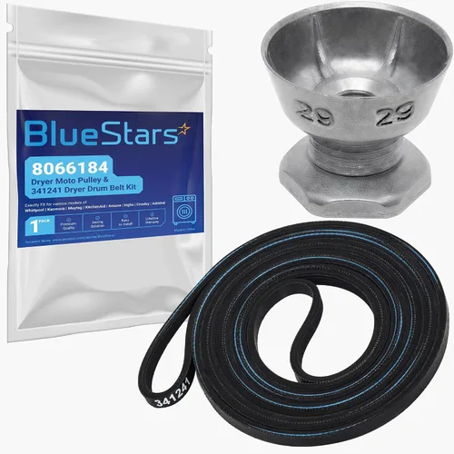 BlueStars 8066184 Polea para motor de secadora y 341241 Correa de tambor de secadora - Compatible con secadoras Whirlpool Maytag Kenmore - Reemplaza
