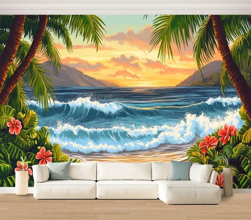 Miniatura 25 de Hawaii - Mural de pared retro exótico exótico tropical con olas de playa, paisaje, vintage, despegar y pegar, autoadhesivo, extraíble, adhesivo