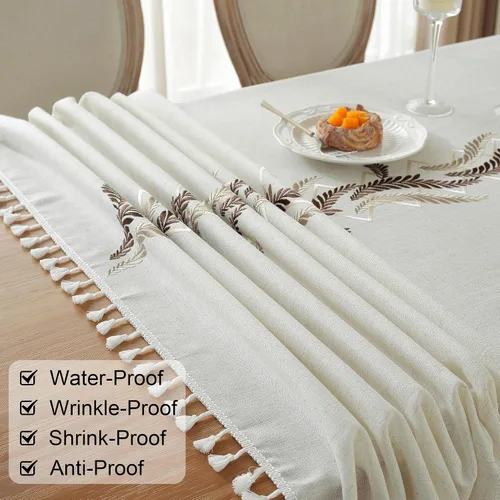 Miniatura 5 de JIALE Mantel para mesa rectangular, 70 pulgadas, manteles marrón y beige de 70 pulgadas, lino de algodón resistente (2 piezas)