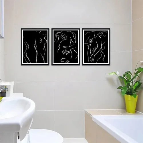Miniatura 4 de Novatique 3 piezas de arte de pared sexy en blanco y negro para parejas desnudas, decoración de pared abstracta de amor para mujeres y hombres, arte