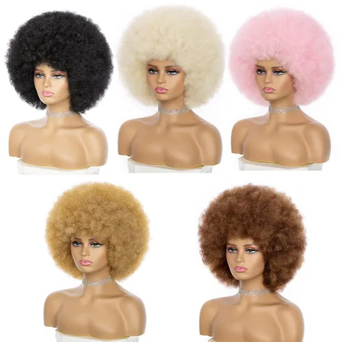 Miniatura 7 de Peluca Afro para Mujeres - Mezcla Marrón Pelucas Afro de los 70s de Aspecto Natural Enormes Pelucas Afro Kinky Rizadas con Flequillo Peluca Afro