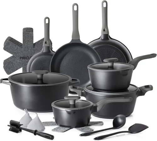 Miniatura 10 de PRICUSIS Juego de ollas y sartenes de cerámica antiadherentes, juego de 21 utensilios de cocina de inducción no tóxicos, 100% aptos para Gris