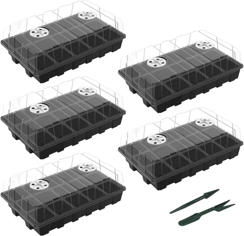 Miniatura 13 de Gardzen Juego de 5 bandejas de inicio de semillas, bandejas duraderas para germinación de plantas con cúpulas y bases ventiladas de humedad, ideal