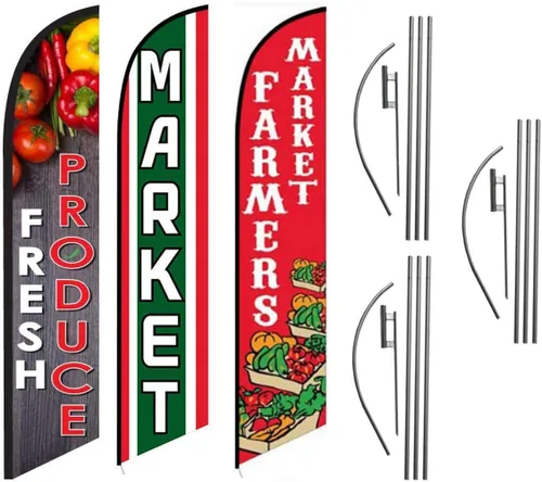 Paquete de kits de banderas de plumas publicitarias para restaurantes de mercado de productos frescos, incluye 3 banderas de pancarta, 3 postes de