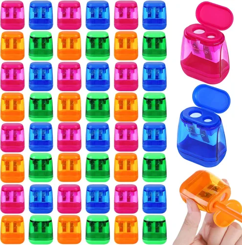 Aodaer 48 sacapuntas manuales de doble agujero compacto con tapa para sacapuntas en oficina, hogar mezclado 4 colores