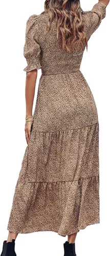 Miniatura 171 de BTFBM Vestidos para mujer, cuello redondo, casual, de verano, con volantes, manga corta, bohemio, con niveles, fruncido, largo, con estampado floral