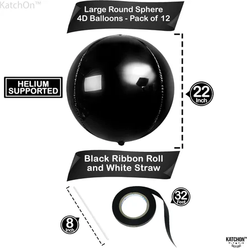 Miniatura 4 de KatchOn, Globos negros enormes – 22 pulgadas, paquete de 12 Globos redondos de aluminio negro 4D para decoraciones de cumpleaños negras