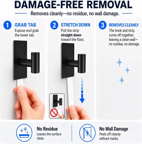 Miniatura 3 de 8 ganchos para toallas resistentes para colgar, ganchos adhesivos de pared con tiras extraíbles, adhesivos sin daños, para exteriores, para baños