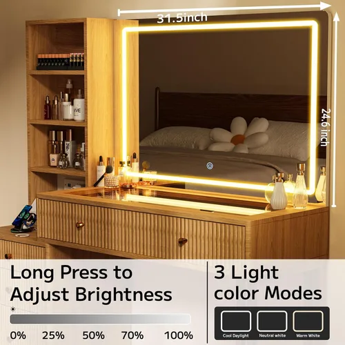 Miniatura 4 de Escritorio estriado de 44 pulgadas con espejo iluminado de 32 pulgadas y toma de corriente, tocador de maquillaje con parte superior de cristal, 3