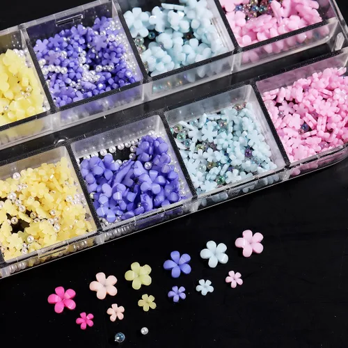 Miniatura 3 de Abalorios de uñas con flores 3D, flor acrílica rosa pastel 3D para uñas, cuentas de caviar doradas, decoración de uñas, kit de diamantes