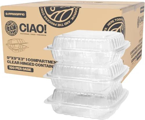 Miniatura 10 de CIAO! Contenedor blanco con bisagras MFPP de 9"x9"x3" con tapa 1 compartimento (caja de 150)