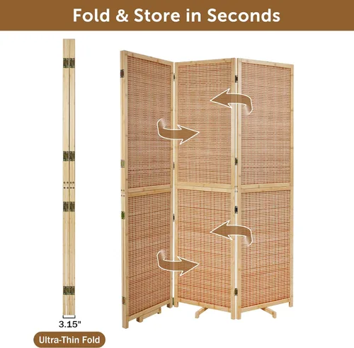 Miniatura 4 de Olela Divisor de habitación plegable de 4 paneles, pantalla de bambú de 5.6 pies de alto con patas de soporte giratorias, pantalla de madera