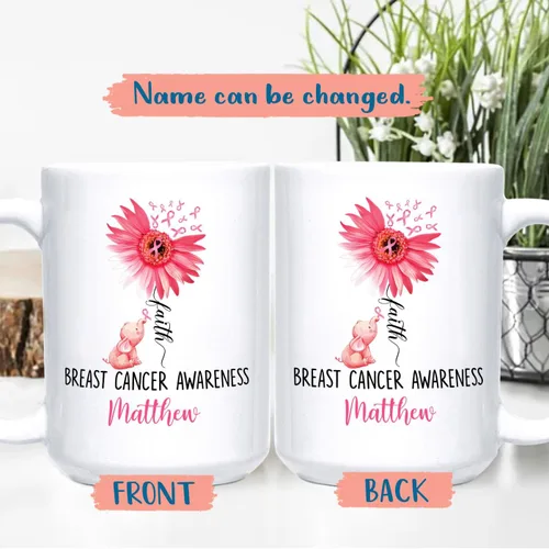 Miniatura 2 de Taza de café de concientización sobre el cáncer de mama con nombre personalizado, taza de café de 11 onzas, taza de té de cerámica blanca