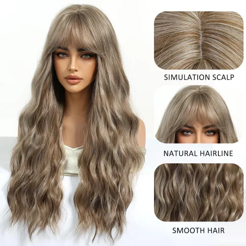 Miniatura 3 de Esmee Pelucas largas onduladas de color rubio ceniza para mujer con flecos, peluca de cabello sintético natural para uso diario y de fiesta