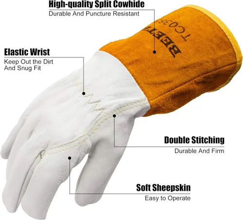 Miniatura 2 de BEETRO Guantes de trabajo 1 par, cuero de vaca dividido resistente al calor/fuego para soldadura Tig, guante para BBQ/almacén/trabajo pesado/manejo