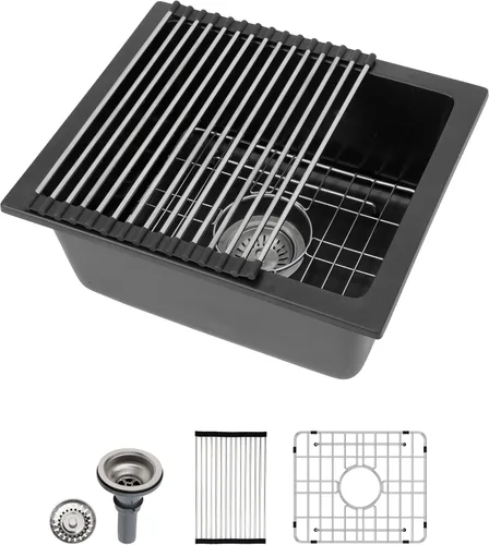 Dcolora Fregadero de Barra de Granito Compuesto Negro de 15 Pulgadas Bajo Encimera Fregadero de Cocina Pequeño Preparación de Cuarzo RV Tazón
