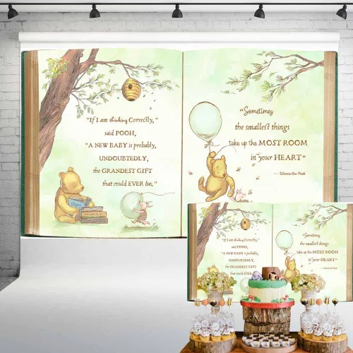 Fondo vintage Pooh Bear Baby Shower Género Neutral Retro Libro Gigante Árbol Primavera Fondo Clásico Recién Nacido Cita Globo Verde Banner 5x3 ft 144