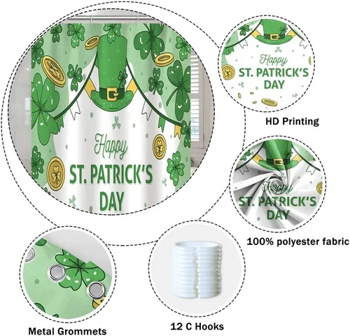 Miniatura 5 de Cortina de ducha para el día de San Patricio, sombrero de trébol verde, monedas doradas, cortina de ducha de vidrio de cerveza, juego de decoración