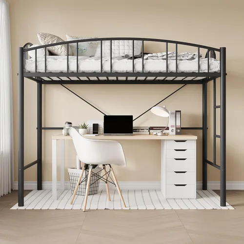Miniatura 4 de IDEALHOUSE Cama alta tamaño individual con escalera y barandilla de arco alto, listones de metal resistentes, diseño que ahorra espacio