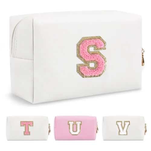 Miniatura 151 de Pequeña bolsa de maquillaje personalizada con inicial A-Z Preppy Patch, bolsa de cosméticos de viaje de felpilla blanca con cremallera, bonita bolsa