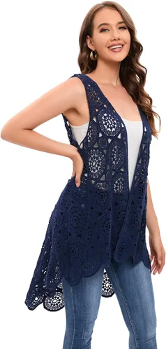 Miniatura 4 de Chaleco de encaje de ganchillo para mujer, estilo bohemio, sin mangas, kimono con dobladillo irregular