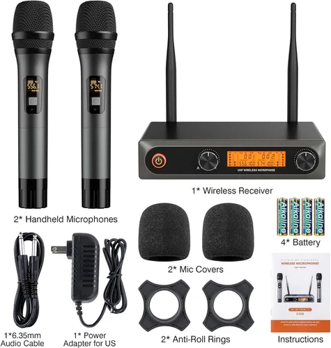 Miniatura 5 de Sistema de micrófono inalámbrico, micrófonos inalámbricos sin cable duales UHF de metal, micrófono de mano, juego de micrófono inalámbrico