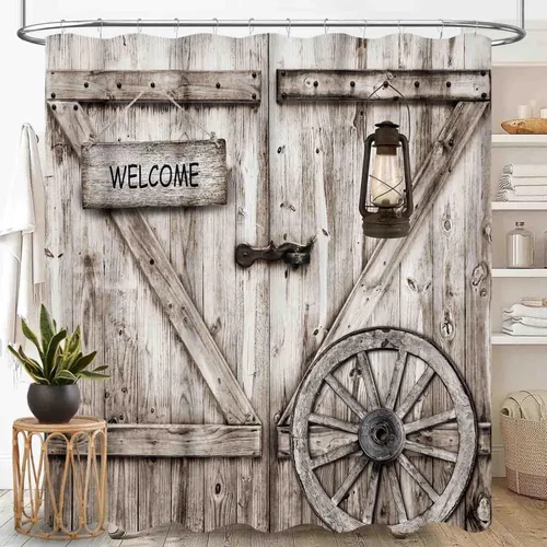 Miniatura 20 de Cortina de ducha de madera estilo granja para baño, tablero de madera marrón rústica con versículo bíblico y cruz, casa de campo rural, granero