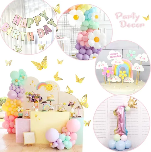 Miniatura 4 de Kit de guirnalda de globos pastel, 219 piezas, diferentes tamaños de 18, 10, 5 pulgadas, globos de arcoíris pastel y margaritas para el primer