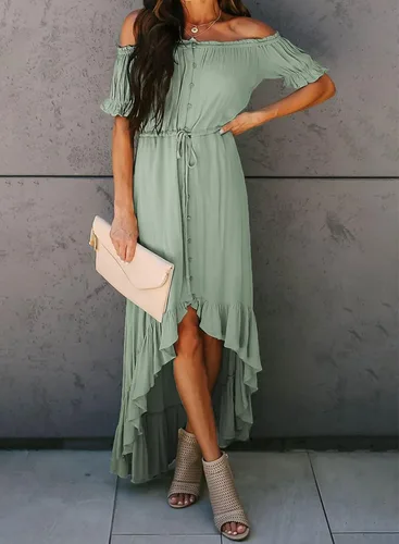 Miniatura 3 de Happy Sailed - Vestido largo casual con hombros descubiertos para mujer manga corta dobladillo irregular con volantes para dama de honor fiesta