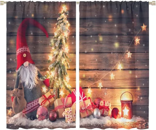 Miniatura 32 de Cortinas de Navidad de gnomo, bolas de árbol de Navidad, luces, regalos, decoración de tablones para sala de estar, dormitorio, bolsillo para barra