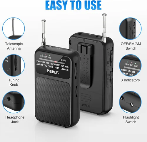 Miniatura 4 de PRUNUS J-555 - Radio de Bolsillo AM FM con Carga USB-C y Batería, Excelente Recepción y Altavoz Claro con Conector para Auriculares, Clip Posterior