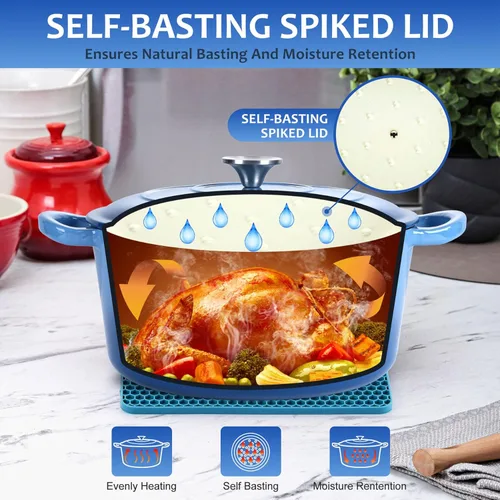 Miniatura 6 de LIANYU Horno holandés de hierro fundido esmaltado con tapa, olla redonda resistente de 6 cuartos de galón con salvamanteles de silicona, utensilios