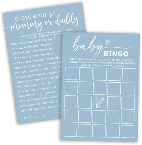 Miniatura 11 de Divertidos juegos de baby shower, trivia para bebés y alfabeto, juegos de doble cara, ideas de decoración de fiesta azul minimalismo, 25 piezas de 5