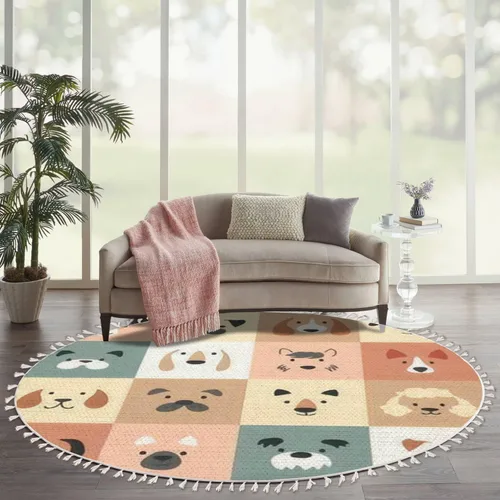 Miniatura 14 de Alfombra redonda bohemia para niños, dibujada a mano sin costuras con arco iris rosa pastel, alfombra de verano para bebé, alfombra de lino