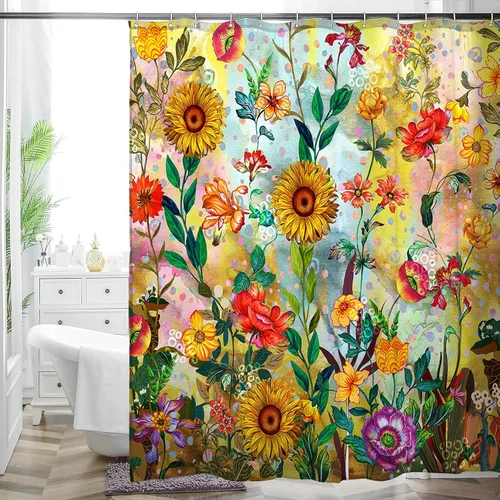 Miniatura 16 de Cortina de ducha bohemia, tela de poliéster repelente al agua con estampado floral bohemio para decoración de baño, 72 x 72 pulgadas
