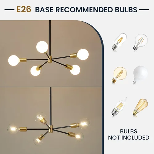 Miniatura 5 de RUIYEY Lámpara Sputnik Moderna, Lámpara de Techo Semiempotrada Negra y Dorada, Candelabros de Mediados de Siglo para Dormitorio, Comedor, Isla