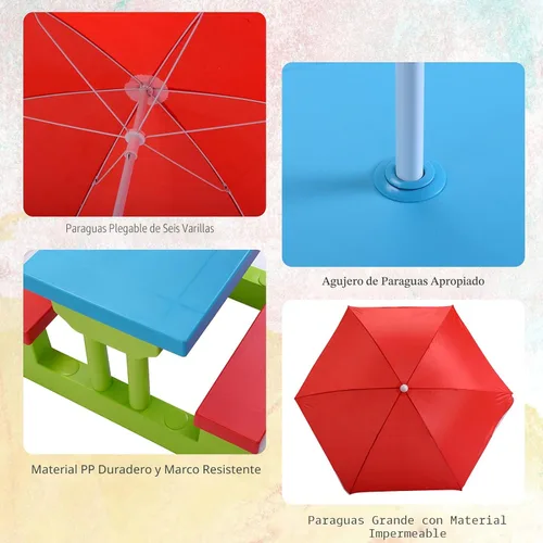 Miniatura 3 de Costzon Mesa de picnic para niños, mesa y banco para interiores y exteriores con paraguas extraíble, mesa de picnic portátil para niños pequeños