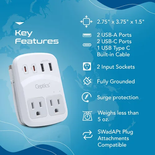 Miniatura 8 de Kit de adaptador de viaje mundial Ceptics 2 USB-A, USB-C, tomas de corriente EE. UU., entrega de potencia 20W/QC 18W, protección contra