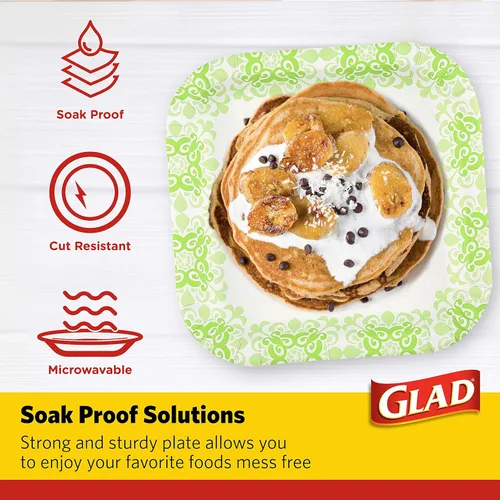 Miniatura 3 de Glad Platos cuadrados de papel desechables, patrón victoriano verde, fuertes, resistentes, a prueba de remojo y aptos para microondas para cena