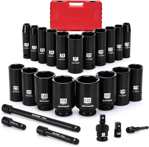 Miniatura 2 de MIXPOWER Juego de 25 llaves de vaso de impacto de 1/2 pulgada, enchufe profundo de 3/8 a 1-1/2 pulgadas, enchufe hexagonal de 6 puntos con funda