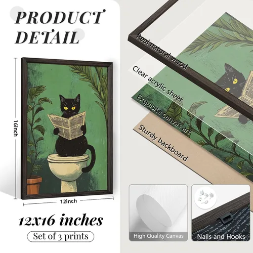 Miniatura 2 de Arte de pared de baño de gato, lienzo divertido para decoración de pared, imágenes de gato negro, impresiones lindas divertidas para baño, póster
