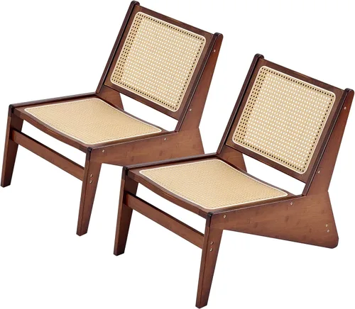 Miniatura 10 de Welnow Silla decorativa de ratán de mediados de siglo, silla de salón de madera de bambú con respaldo de caña tejida, sillón bajo para sala
