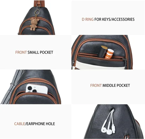 Miniatura 6 de Leresas - Bolsa de 7L para colgarse para mujeres y hombres, 4 bolsillos con cremallera, bolsas de moda estilo bandolera, riñonera, bolso de cuero